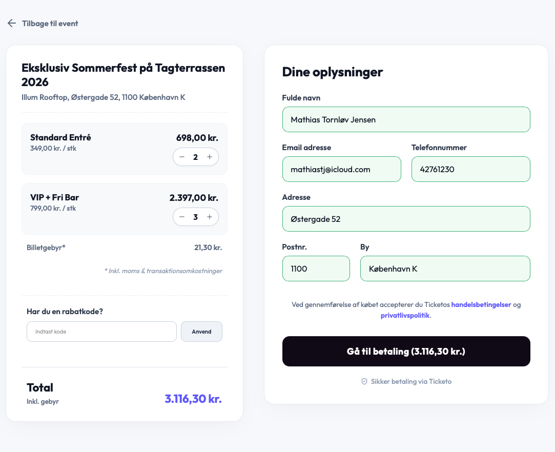 Ticketo checkout og betalingsflow