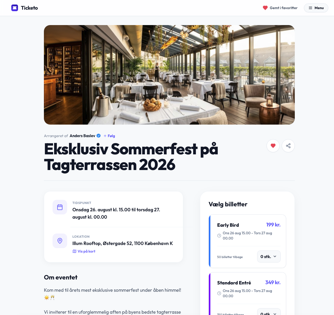 Ticketo event-side med billetvalg