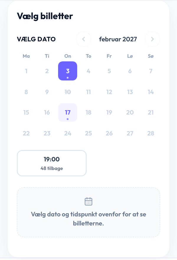 Et foredrag i Ticketo med en kalender, hvor deltageren vælger mellem flere datoer, og én dato er udsolgt