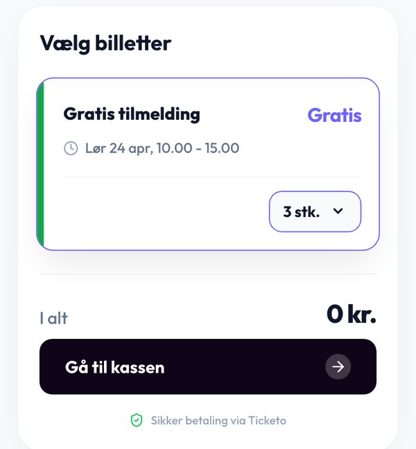Tilmelding til et gratis event i Ticketo, hvor tre billetter giver 0 kr. i alt