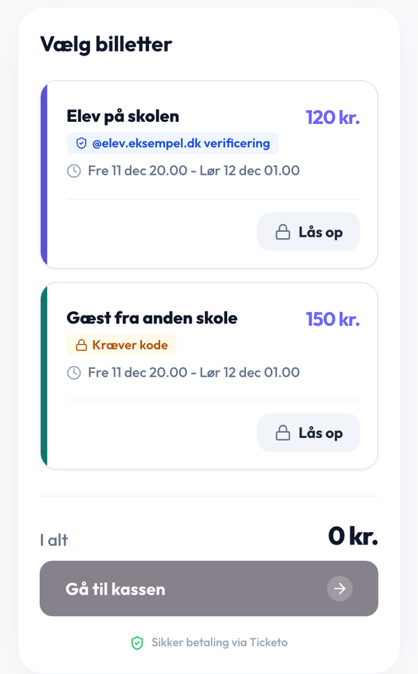 Billetter til et julebal i Ticketo, hvor billetten Elev på skolen kræver en skolemail, og Gæst fra anden skole kræver en kode