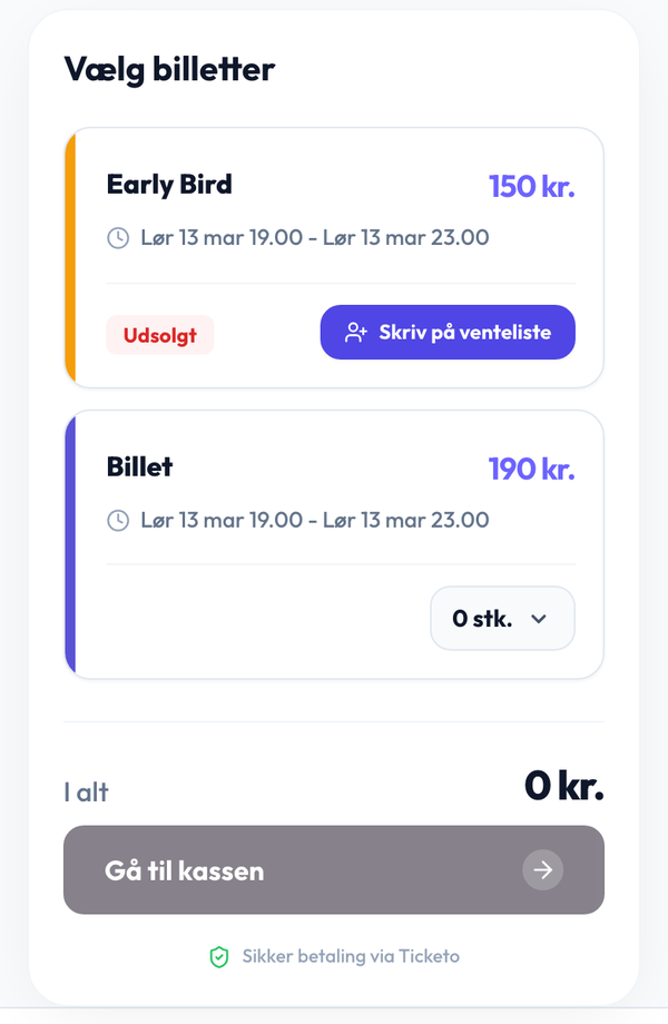 Billetter til en koncert i Ticketo, hvor Early Bird er udsolgt med en knap til ventelisten, og almindelige billetter koster 190 kr.