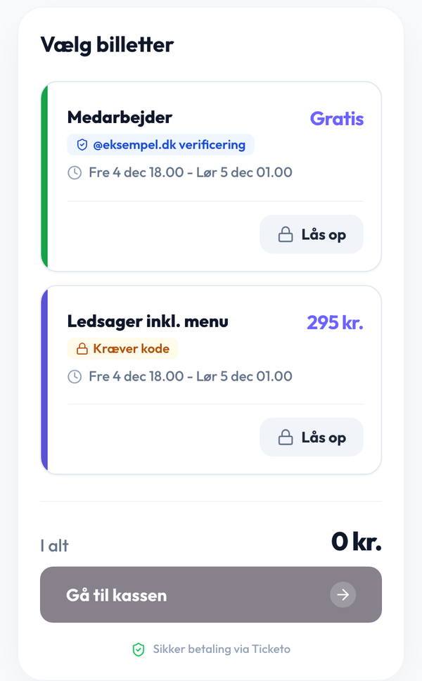 Et privat event i Ticketo, hvor billetten Medarbejder kræver en mail fra eksempel.dk, og Ledsager kræver en kode